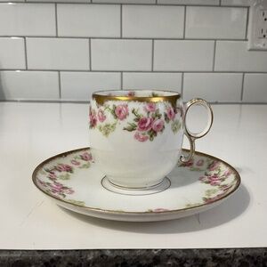 VTG French Limoges by Elite Works Pattern Pink Lavender Floral Teacup Saucer